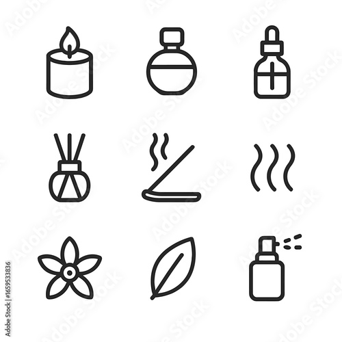 Vanilla Aroma Icon Set. Outline icon set of vanilla scents and aromas: candle, perfume bottle, essential oil dropper, diffuser,