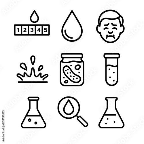 Vinegar Acidity Icons. Outline icon set of vinegar acidity levels: pH scale, acid droplet, sour taste, vinegar splash, food