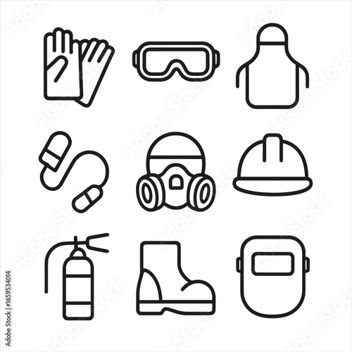 Anvil Safety Gear Icons. Outline icon set of anvil related safety gear: gloves, goggles, apron, ear plugs, respirator, helmet,