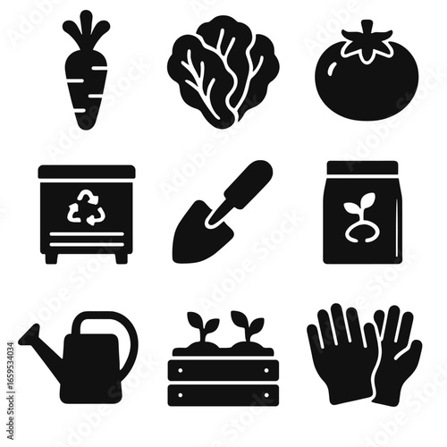 Organic Farming Icons. Solid, filled icons set of organic vegetable farming: carrot, lettuce, tomato, compost