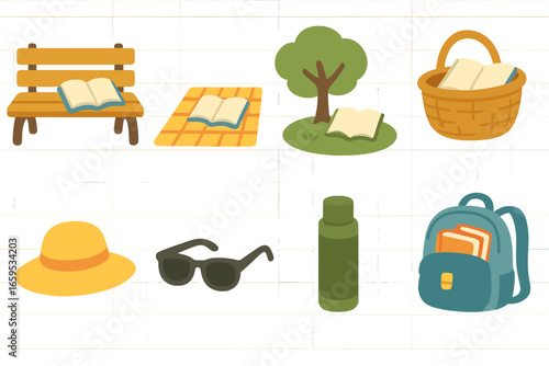 Outdoor Reading Icons. Flat vector mini-illustrations Reading outdoors in colors children's illustrations:
