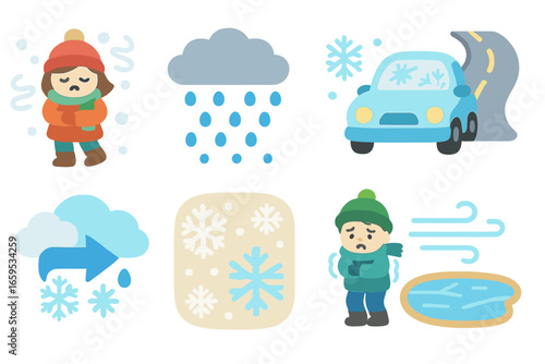 Winter Weather Icons. Flat vector mini-illustrations freezing in weather in colors children's illustrations: snowstorm, hail,