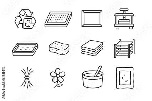 Papermaking Icons Grid. Outline vector icons of hand papermaking: recycled paper, pulp screen, deckle frame,