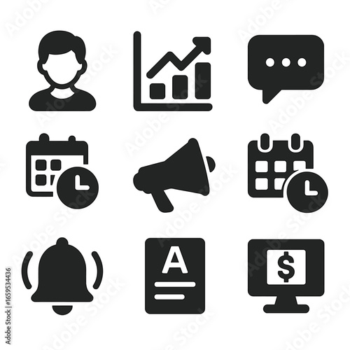 Parent Portal Icons. Solid, filled icons set of parent portal: child profile, performance overview,
