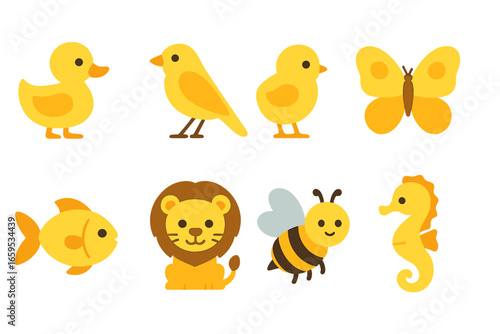 Yellow Animal Playground. Flat vector mini-illustrations yellow animals in colors children's illustrations: duckling, canary,