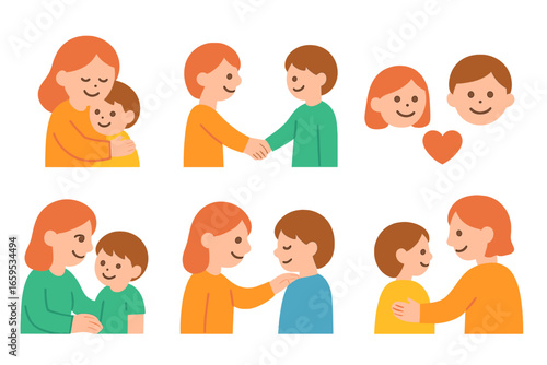 Parent-Child Affection Grid. Flat vector mini-illustrations Parent-child affectionate touch in colors children