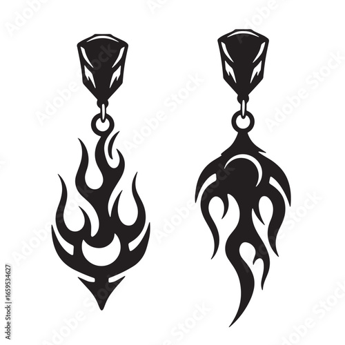 Stylish black and white flame earrings design with fire decorative ornaments isolated