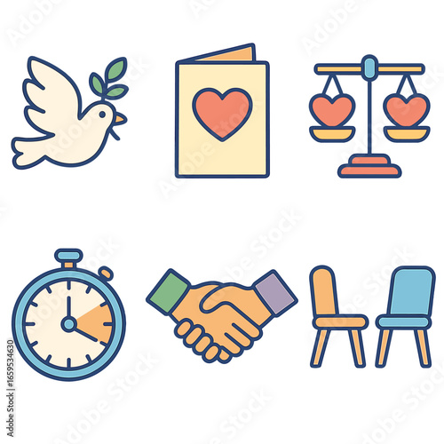 Peaceful Conflict Resolution. Flat vector mini-illustrations Resolving conflicts with love in colors