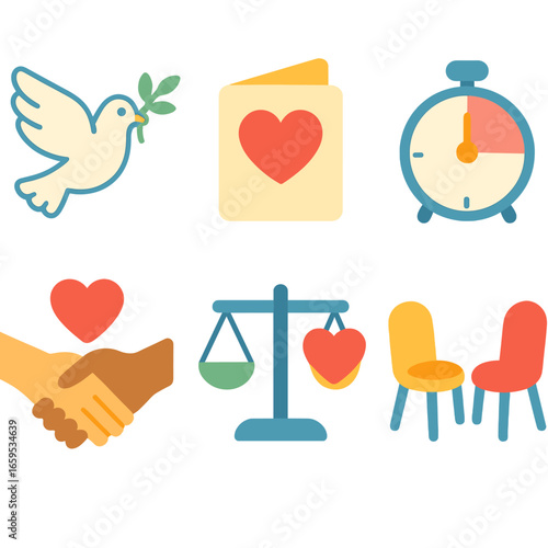 Peaceful Conflict Resolution. Flat vector mini-illustrations Resolving conflicts with love in colors