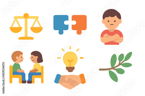 Peaceful Resolution Icons. Flat vector mini-illustrations solving disagreements in colors children's