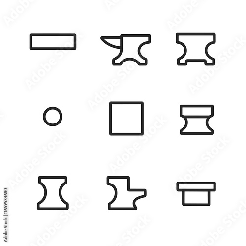 Anvil Parts Icons. Outline icon set of anvil parts: face, horn, heel, pritchel hole, hardy hole, base, waist, step, table. Line
