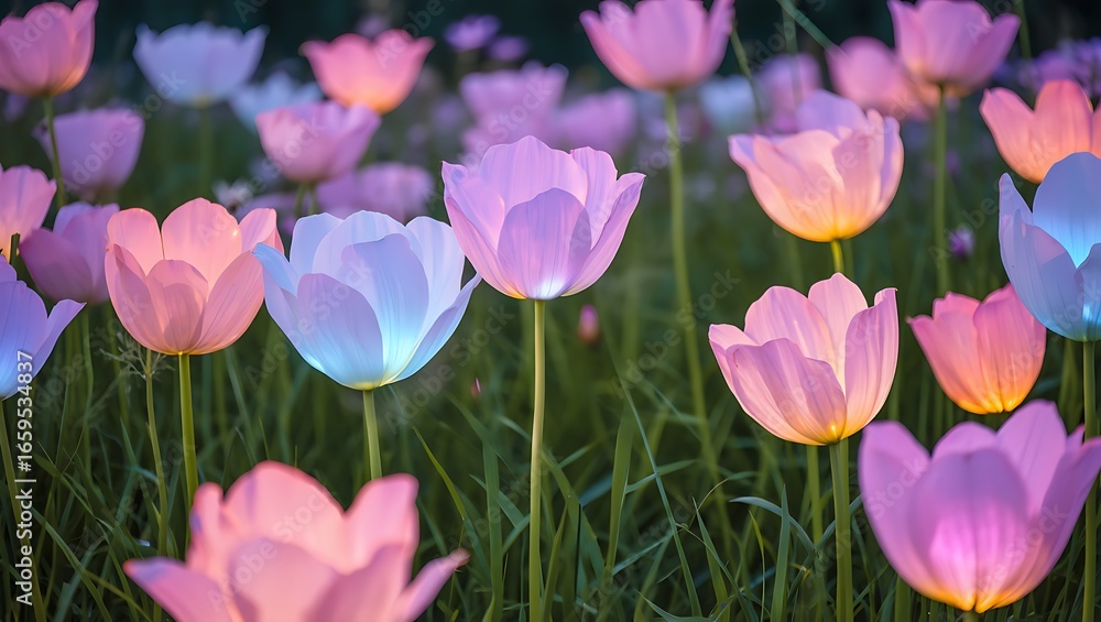 Obraz premium Glowing Tulip Field – Dreamy Pastel Floral Fantasy Artwork