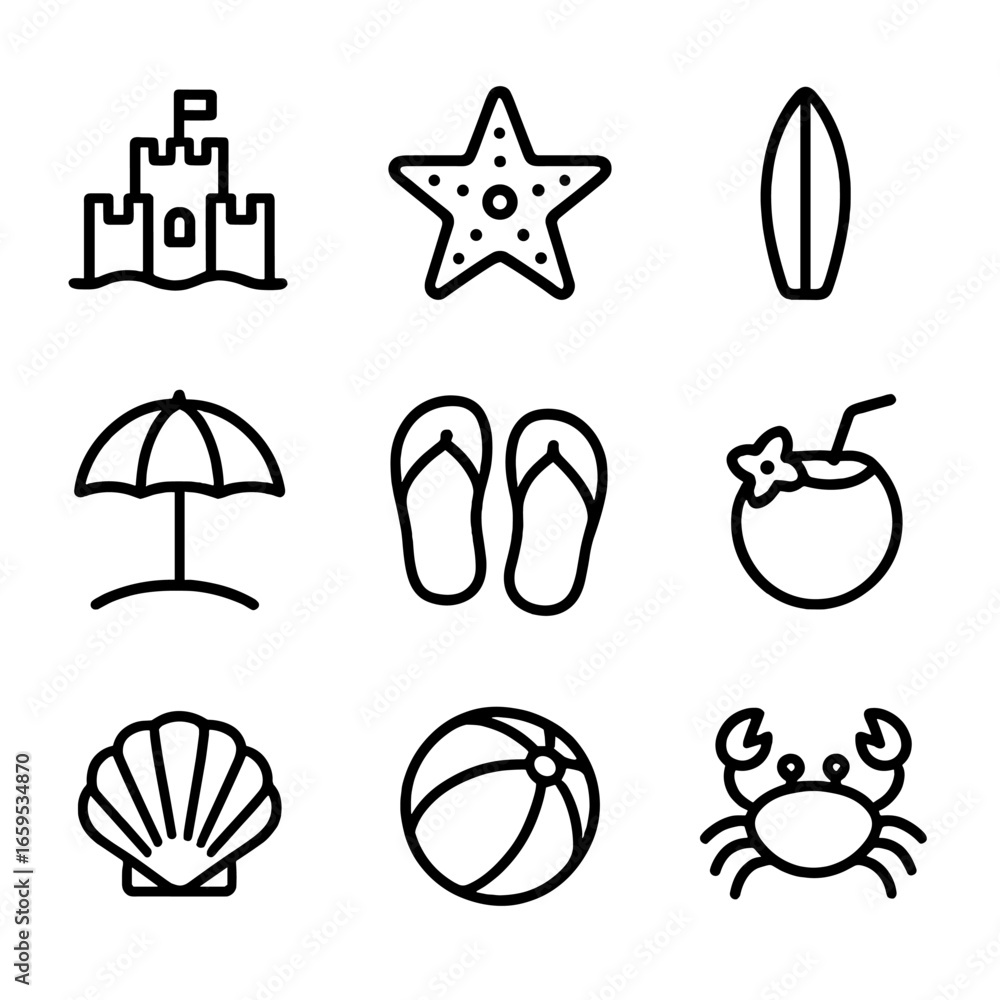 Naklejka premium Beach Sunset Icon Set. Outline icon set of beach sunset: sandcastle, starfish, surfboard, beach umbrella, flip flops, coconut
