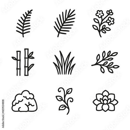 Aviary Plant Icons. Outline icon set of aviary plants: fern, palm leaf, flowering bush, bamboo, grass patch, tree branch, moss,
