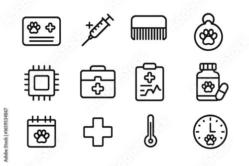 Pet Care Essentials Icons. Outline icon set of pet care essentials: vet card, vaccination icon, flea comb, ID