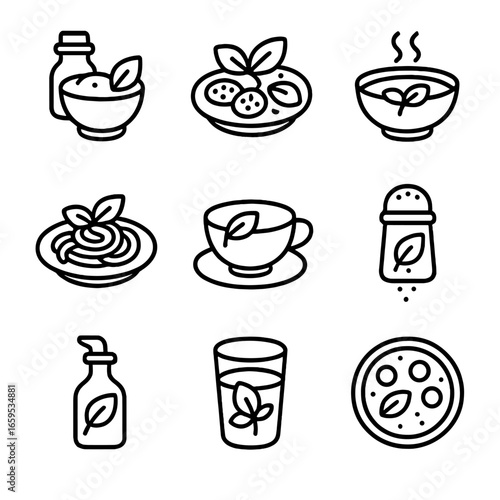 Basil Culinary Icons. Outline icon set of basil culinary uses: pesto sauce, salad garnish, tomato basil soup, pasta topping, basil