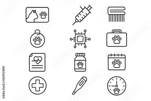 Pet Care Essentials Icons. Outline icon set of pet care essentials: vet card, vaccination icon, flea comb, ID