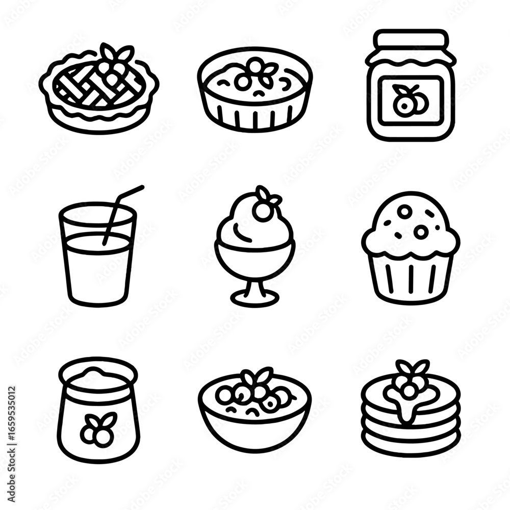 Berry Desserts Icons. Outline icon set of berry desserts: berry pie, berry tart, berry jam jar, berry smoothie, berry sorbet, Berry Desserts Icons. Outline icon set of berry desserts: berry pie, berry tart, berry jam jar, berry smoothie, berry sorbet,