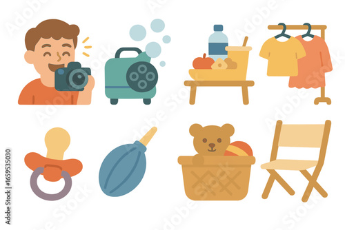 Photo Shoot Icons. Flat vector mini-illustrations Behind the scenes of a shoot in colors children's