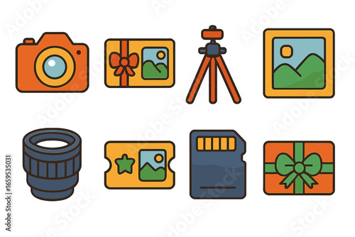 Photography Gift Icons. Flat vector mini-illustrations Photography experience gifts in colors children's