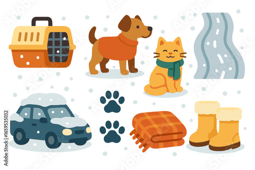 Pets' Snowy Adventure. Flat vector mini-illustrations Pets traveling in snowy weather in colors children's