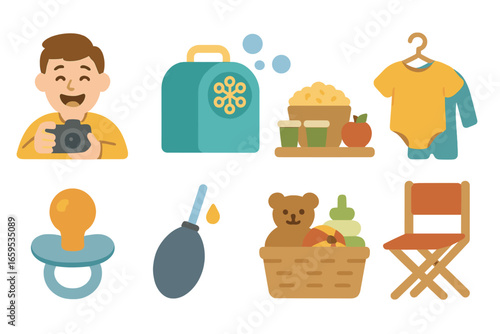 Photo Shoot Icons. Flat vector mini-illustrations Behind the scenes of a shoot in colors children's