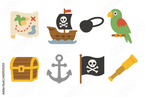 Pirate Adventure Icons. Flat vector mini-illustrations pirate adventure in colors children's illustrations: