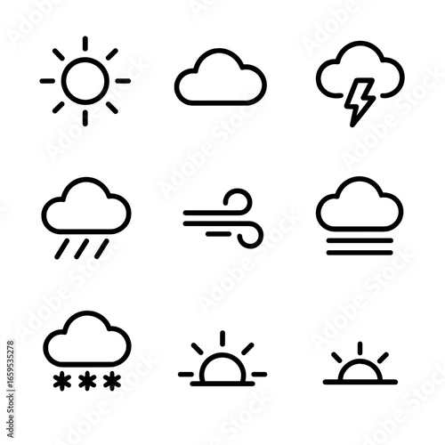 Birdwatching Weather Icons. Outline icon set of birdwatching weather conditions: sunny, cloudy, rainy, windy, foggy, snowy, stormy