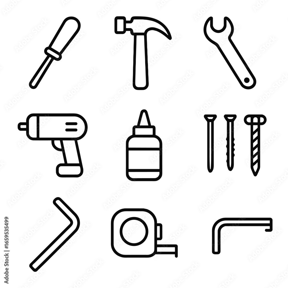 Assembly Tools Icons. Outline icon set of furniture assembly tools: screwdriver, hammer, wrench, drill, glue, nails, screws, Allen Assembly Tools Icons. Outline icon set of furniture assembly tools: screwdriver, hammer, wrench, drill, glue, nails, screws, Allen
