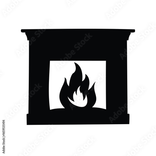 Stylized black silhouette of a fireplace with flames burning brightly inside
