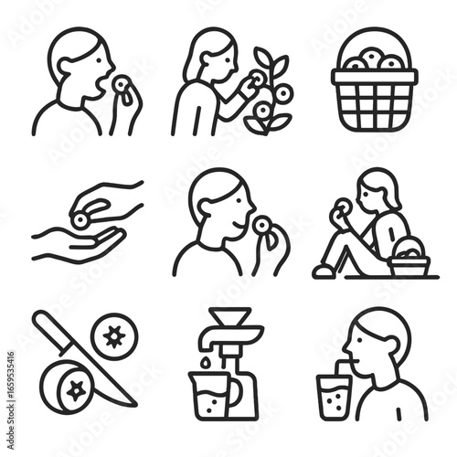 Blueberry Delight Icons. Outline icon set of blueberry eating and enjoyment: eating blueberries, berry picking, blueberry basket,