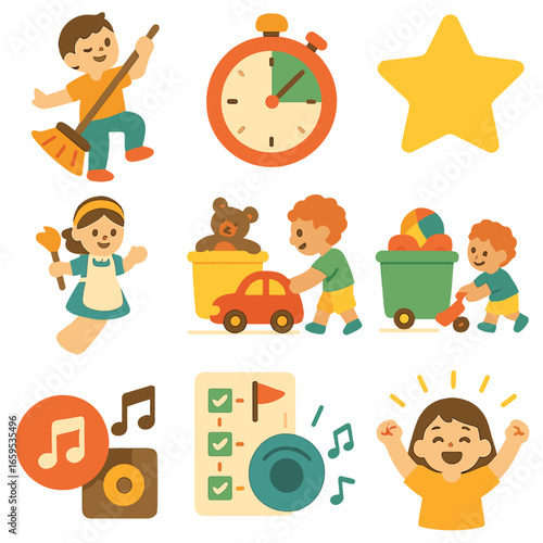 Playful Cleaning Icons. Flat vector mini-illustrations fun while cleaning in colors children's illustrations: