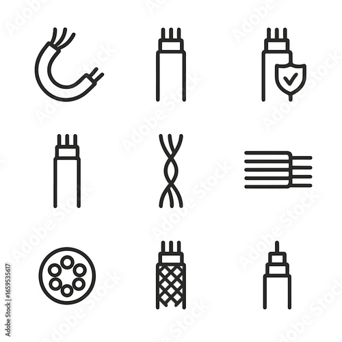 Cable Icon Set. Outline icon set of cable characteristics: flexible cable, rigid cable, shielded cable, unshielded cable, twisted
