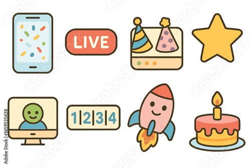 Playful Launch Icons. Flat vector mini-illustrations of product launch celebration in colors children's