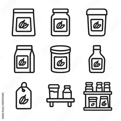Cardamom Packaging Icons. Outline icon set of cardamom packaging and storage: spice pouch, glass jar, plastic container, paper bag