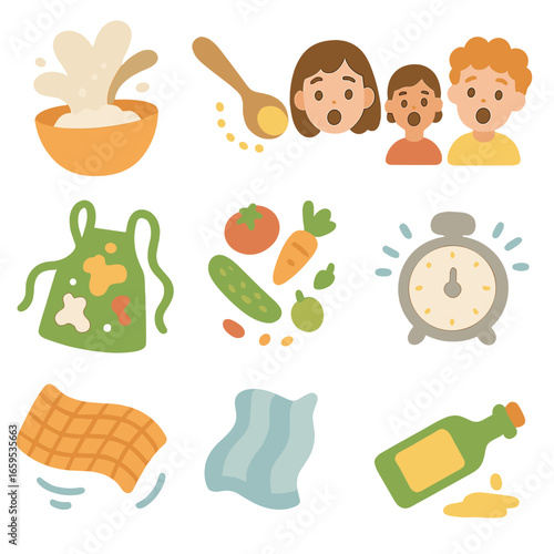 Playful Kitchen Chaos. Flat vector mini-illustrations playful food fight while cooking in colors children's
