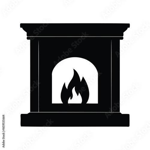 Black and white silhouette of a traditional fireplace with flickering flames