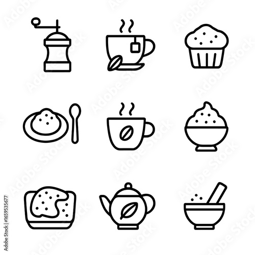 Cardamom Uses Icons. Outline icon set of cardamom culinary uses: spice grinding, chai tea, baking, curry seasoning, coffee