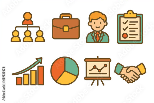 Playful Management Icons. Flat vector mini-illustrations Management consulting in colors children's