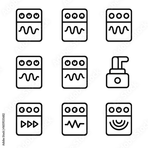 Audio Effects Icons. Outline icon set of audio modulation effects: vibrato, tremolo, chorus, flange, phaser, pitch bend, delay,