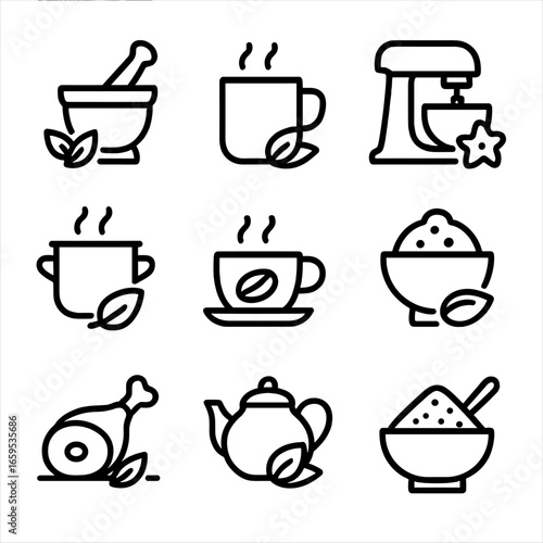 Cardamom Uses Icons. Outline icon set of cardamom culinary uses: spice grinding, chai tea, baking, curry seasoning, coffee