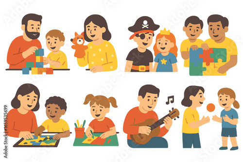 Playful Learning Icons. Flat vector mini-illustrations teaching through play in colors children's