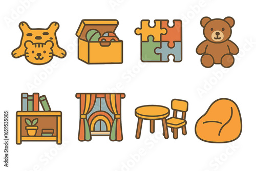 Playful Room Decor Icons. Flat vector mini-illustrations Brightening a child’s playroom with fun rugs in