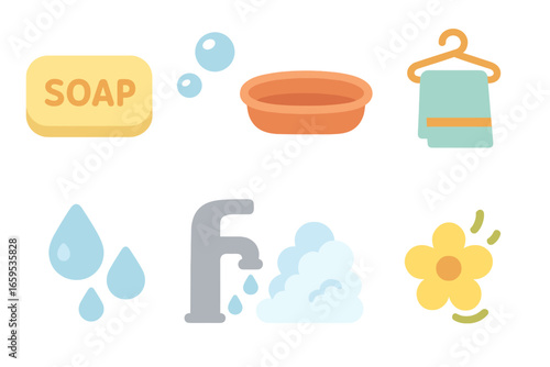 Playful Soap Illustrations. Flat vector mini-illustrations hand soap bar in colors children's illustrations: