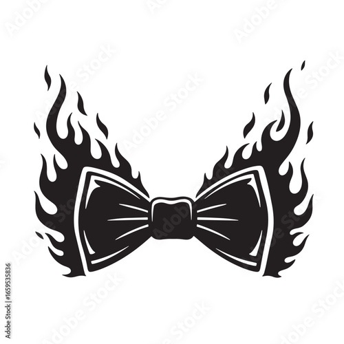 Stylish monochrome illustration depicting a burning bow tie symbol on a white background