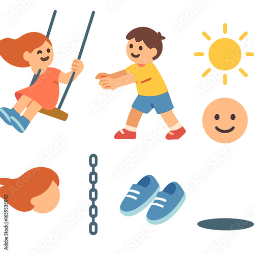 Playful Swinging Children. Flat vector mini-illustrations children swinging in colors children's illustrations