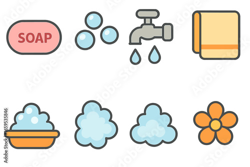 Playful Soap Illustrations. Flat vector mini-illustrations hand soap bar in colors children's illustrations: