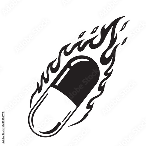 Stylized black and white graphic representation of a pharmaceutical capsule with flames