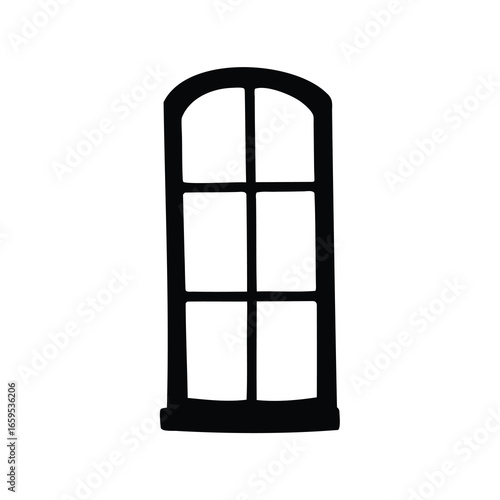 Silhouette of a six pane window with arched top and decorative base