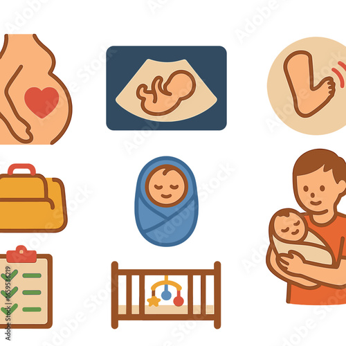 Pregnancy Journey Icons. Flat vector mini-illustrations pregnancy and childbirth in colors children's